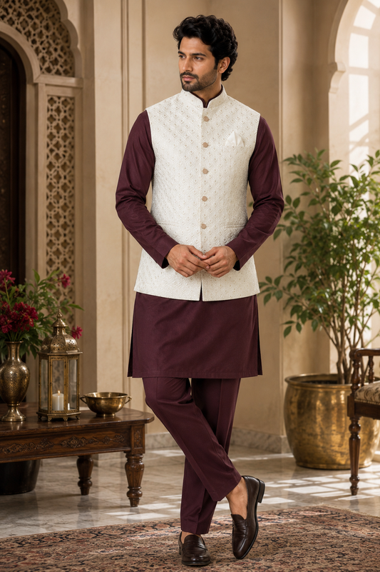 Cream Nehru Jacket with Wine Kurta Pyjama Set