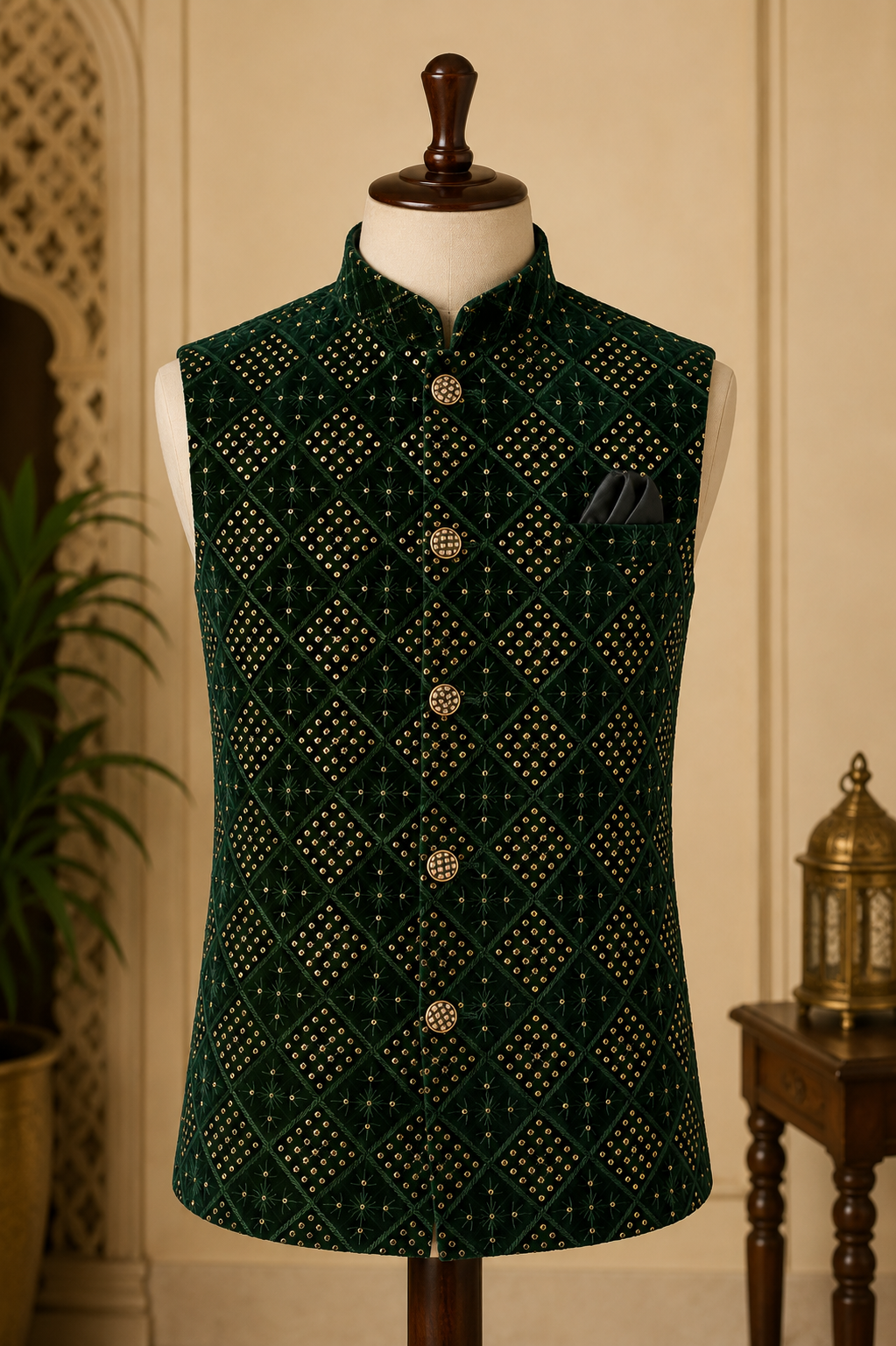 Green Sequins Nehru Jacket 
