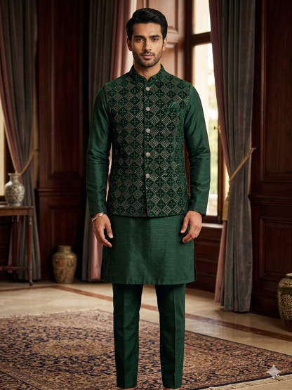 Green Sequins Nehru Jacket with Green Kurta Pyjama