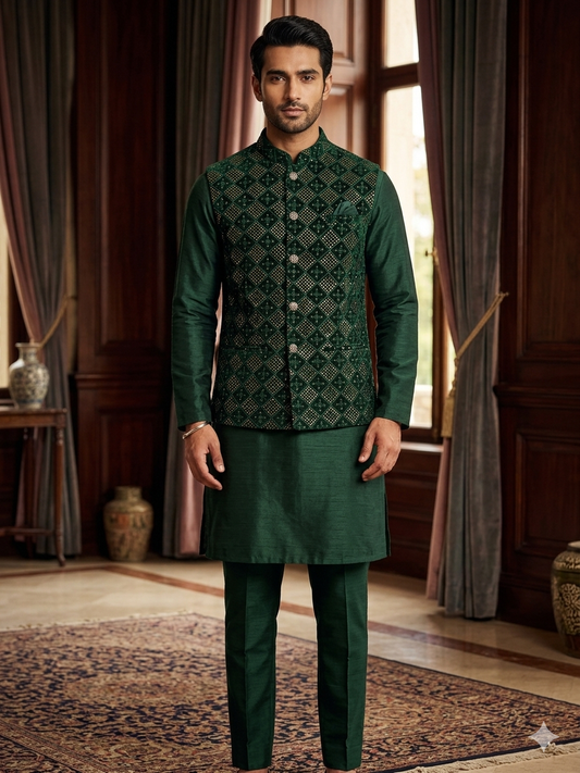 Green Sequins Nehru Jacket with Green Kurta Pyjama