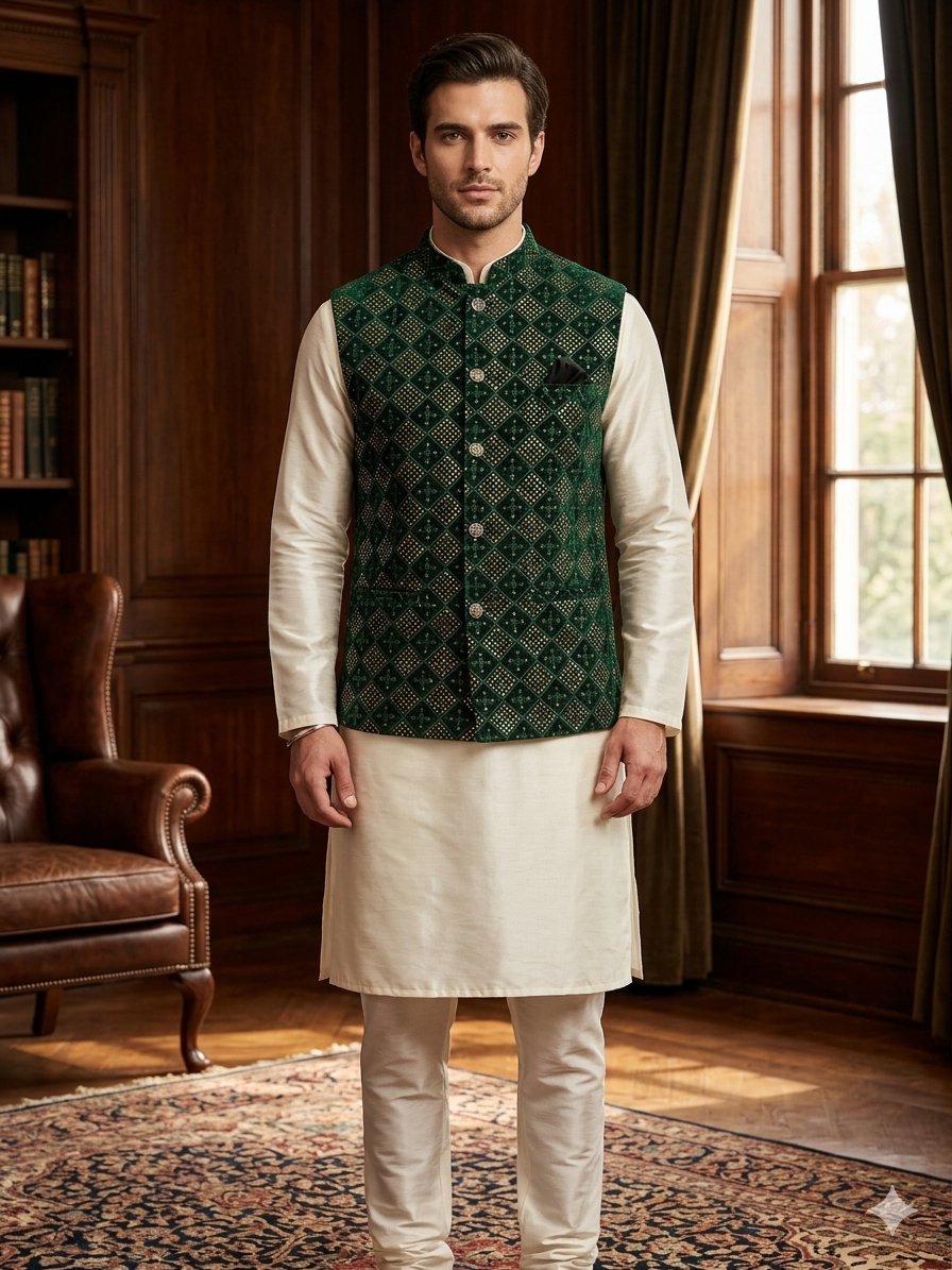 Green Sequins Nehru Jacket with Ivory Kurta Pyjama