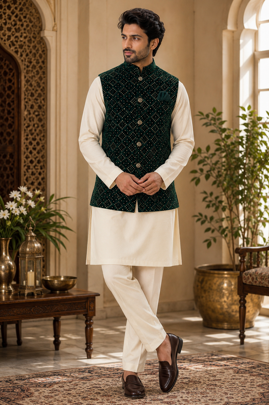 Green Sequins Nehru Jacket with Ivory Kurta Pyjama