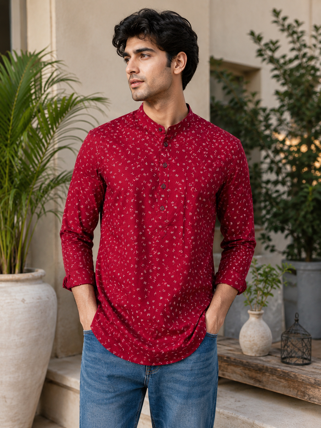 Maroon Short Cotton Kurta for Men 
