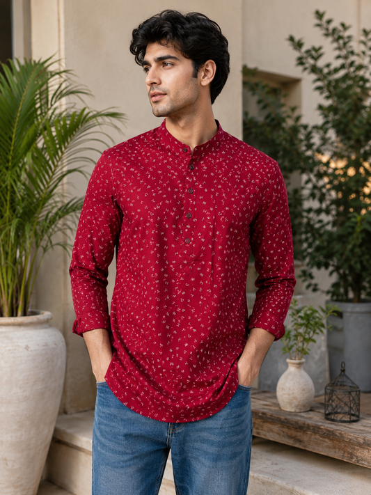Maroon Short Cotton Kurta for Men 