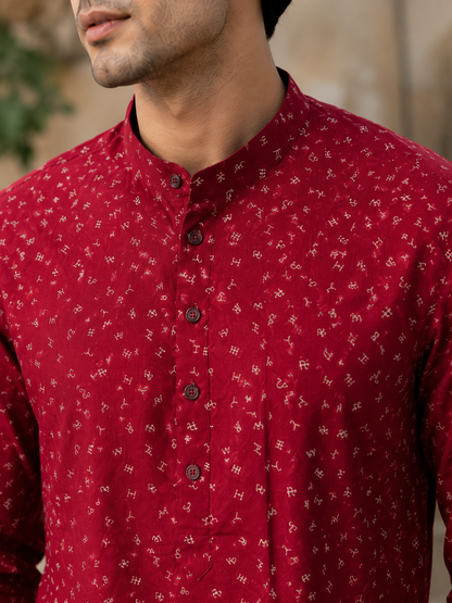 Maroon Short Cotton Kurta for Men 