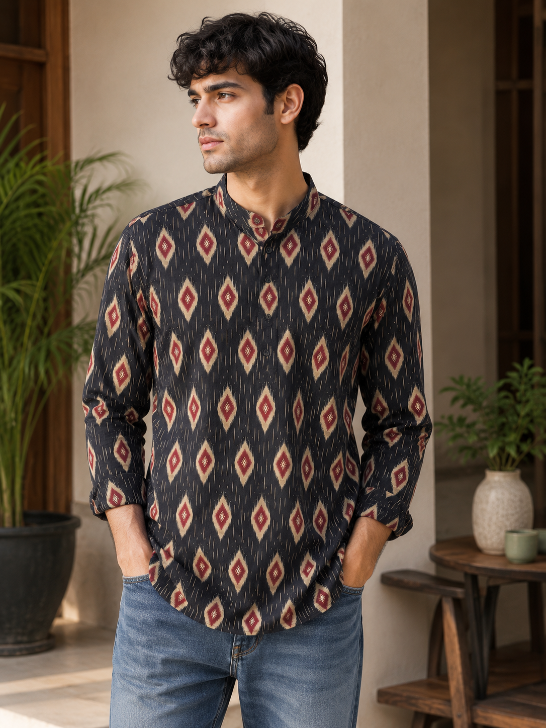 Black Short Cotton Kurta for Men
