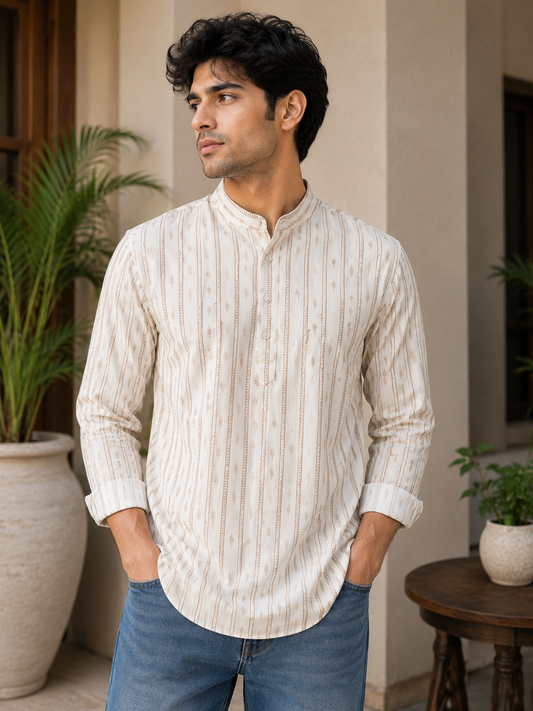 White Short Cotton Kurta for Men 