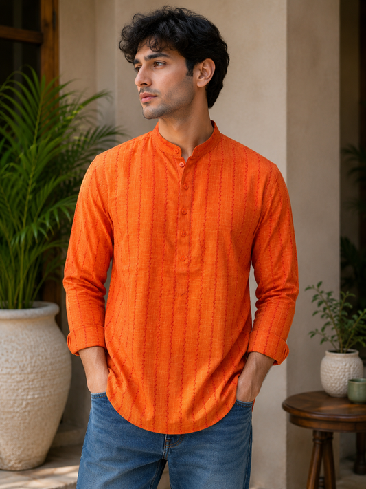 Orange Short Cotton Kurta for Men 