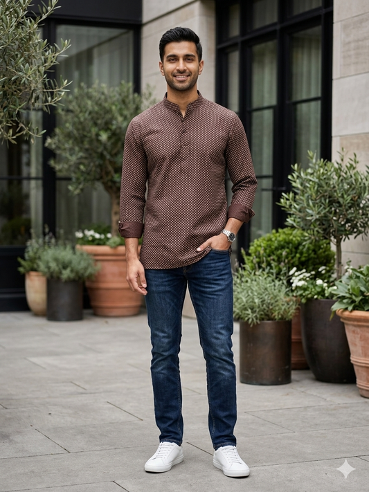 Brown Short Cotton Kurta for Men
