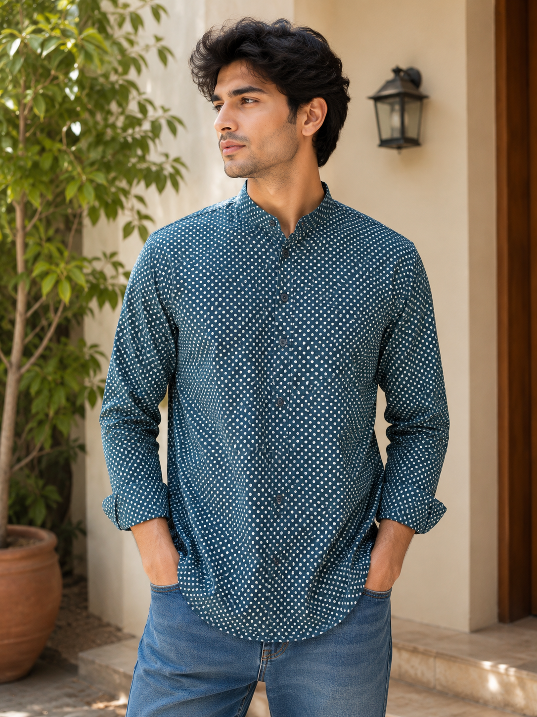 Blue Printed Short Cotton Kurta for Men