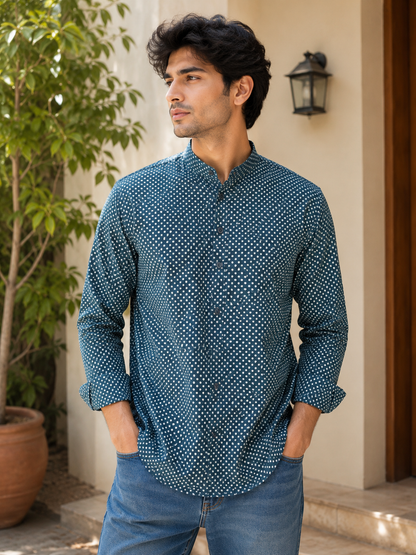 Blue Printed Short Cotton Kurta for Men