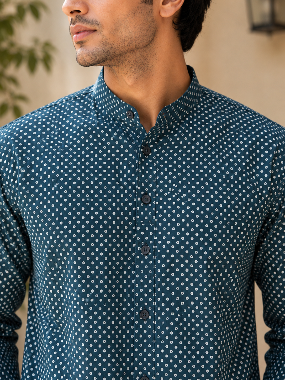 Blue Printed Short Cotton Kurta for Men