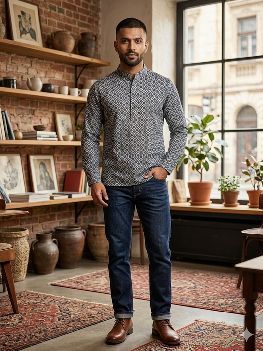 Blue Short Cotton Kurta for Men
