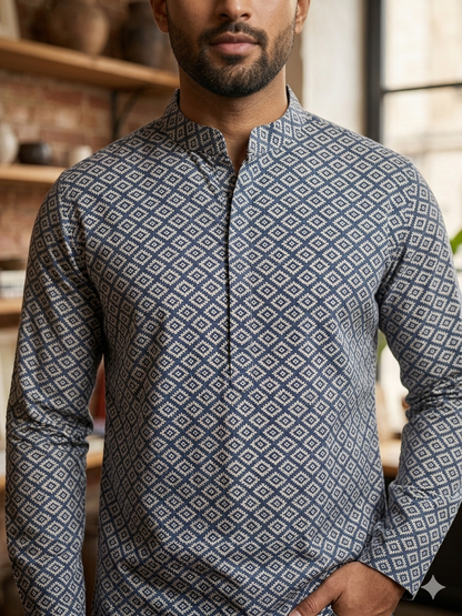Blue Short Cotton Kurta for Men