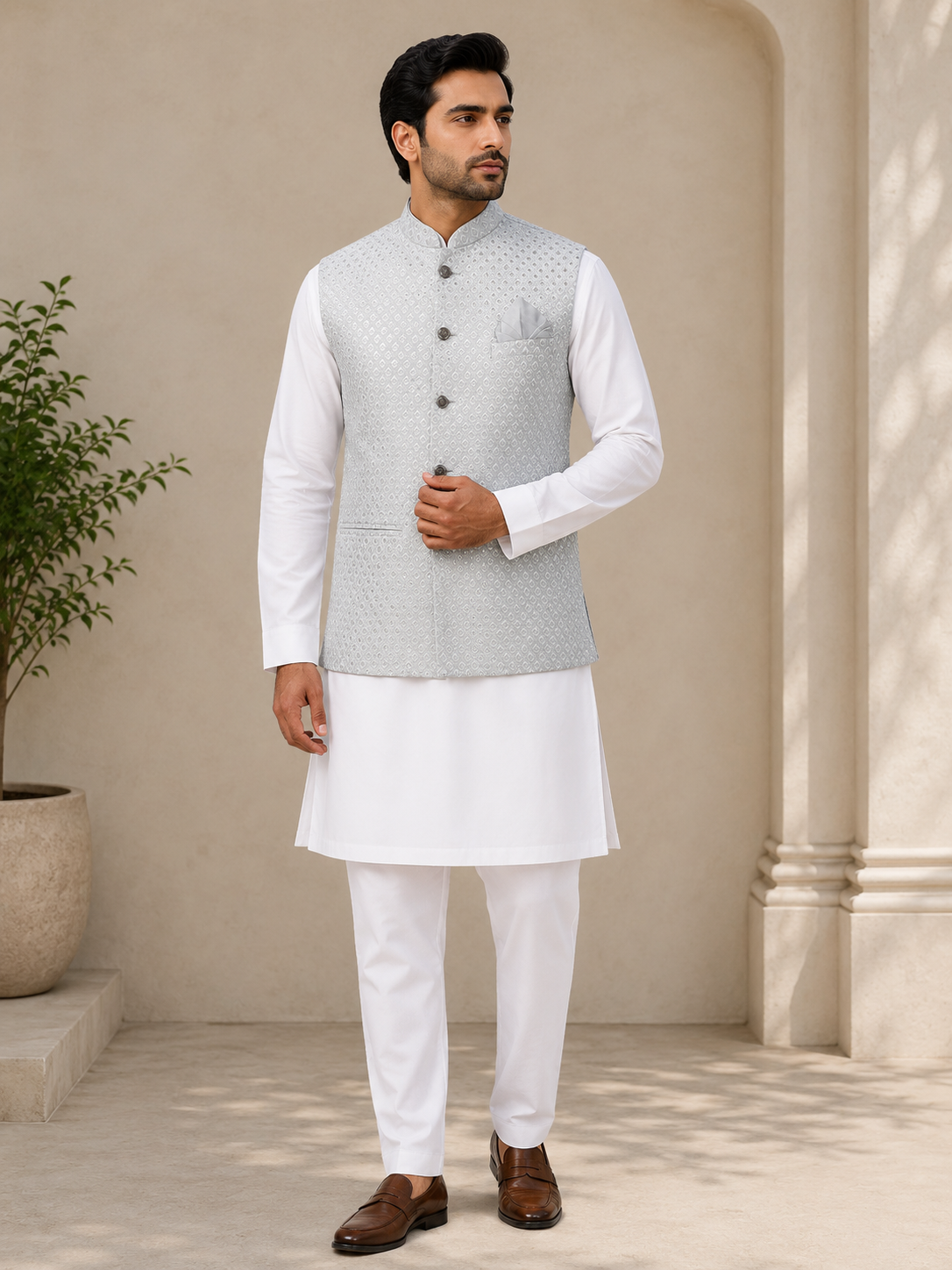 KPD6259 Grey Work Jacket With White Kurta Pyjama Set