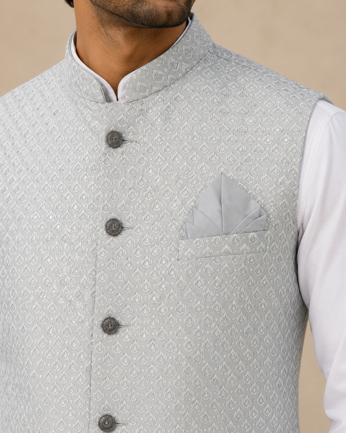 KPD6259 Grey Work Jacket With White Kurta Pyjama Set