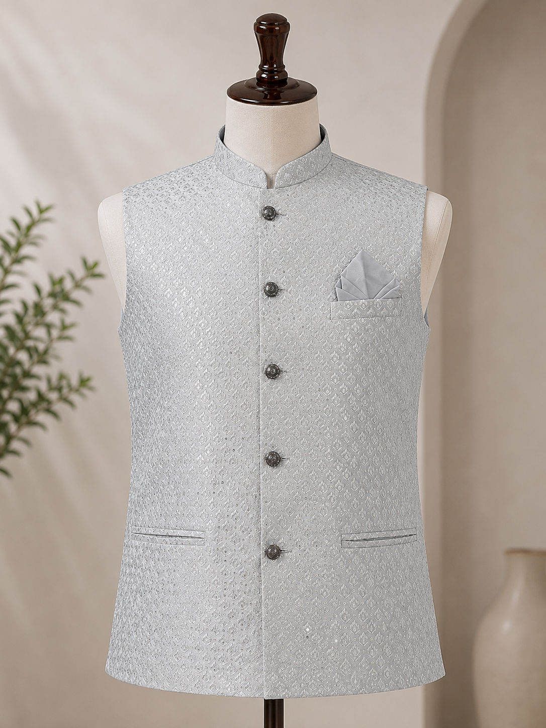 KPD6259 Grey Work Jacket With White Kurta Pyjama Set