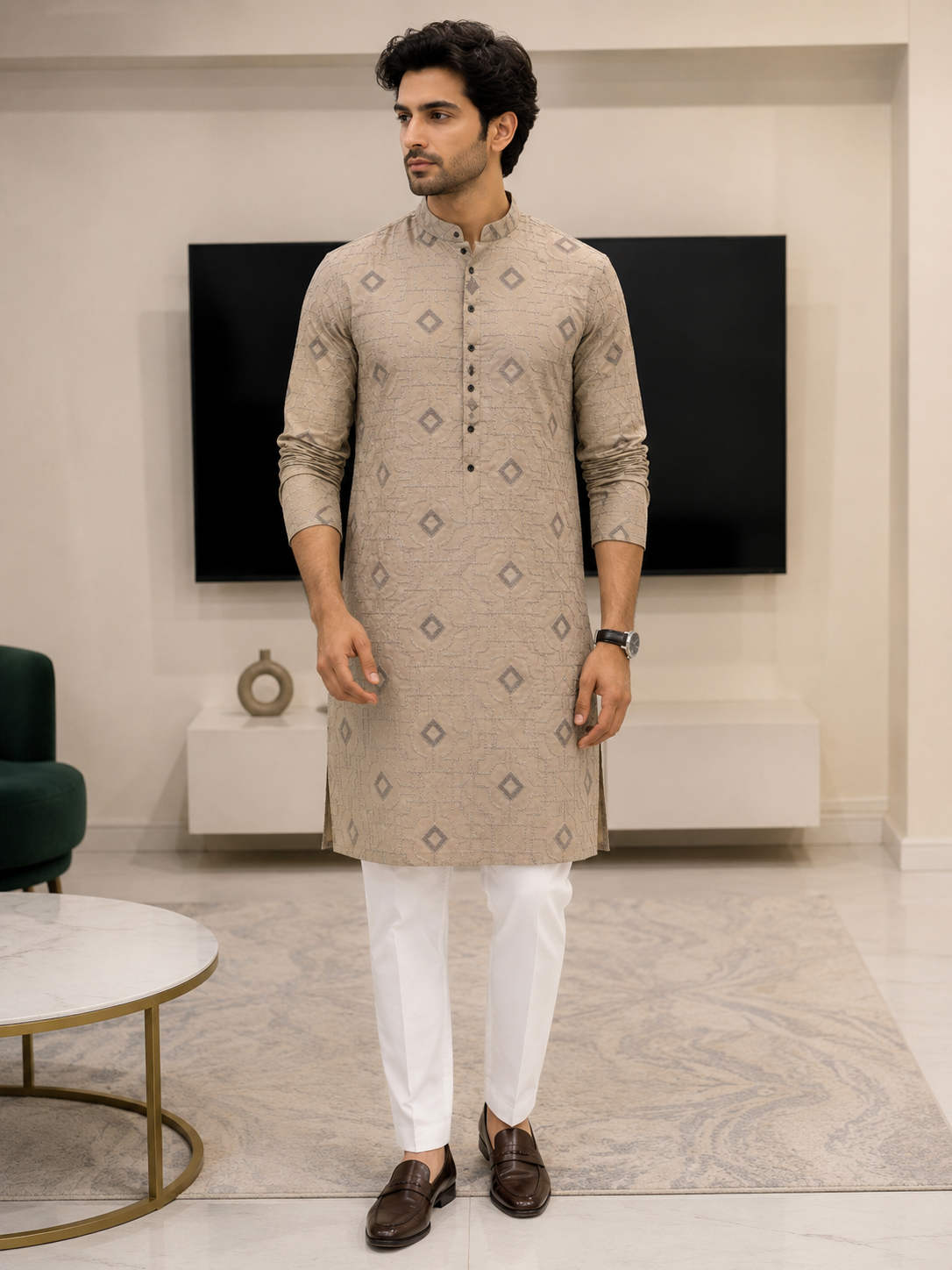 KPD6267 Light Khaki Threadwork Kurta Pyjama Set