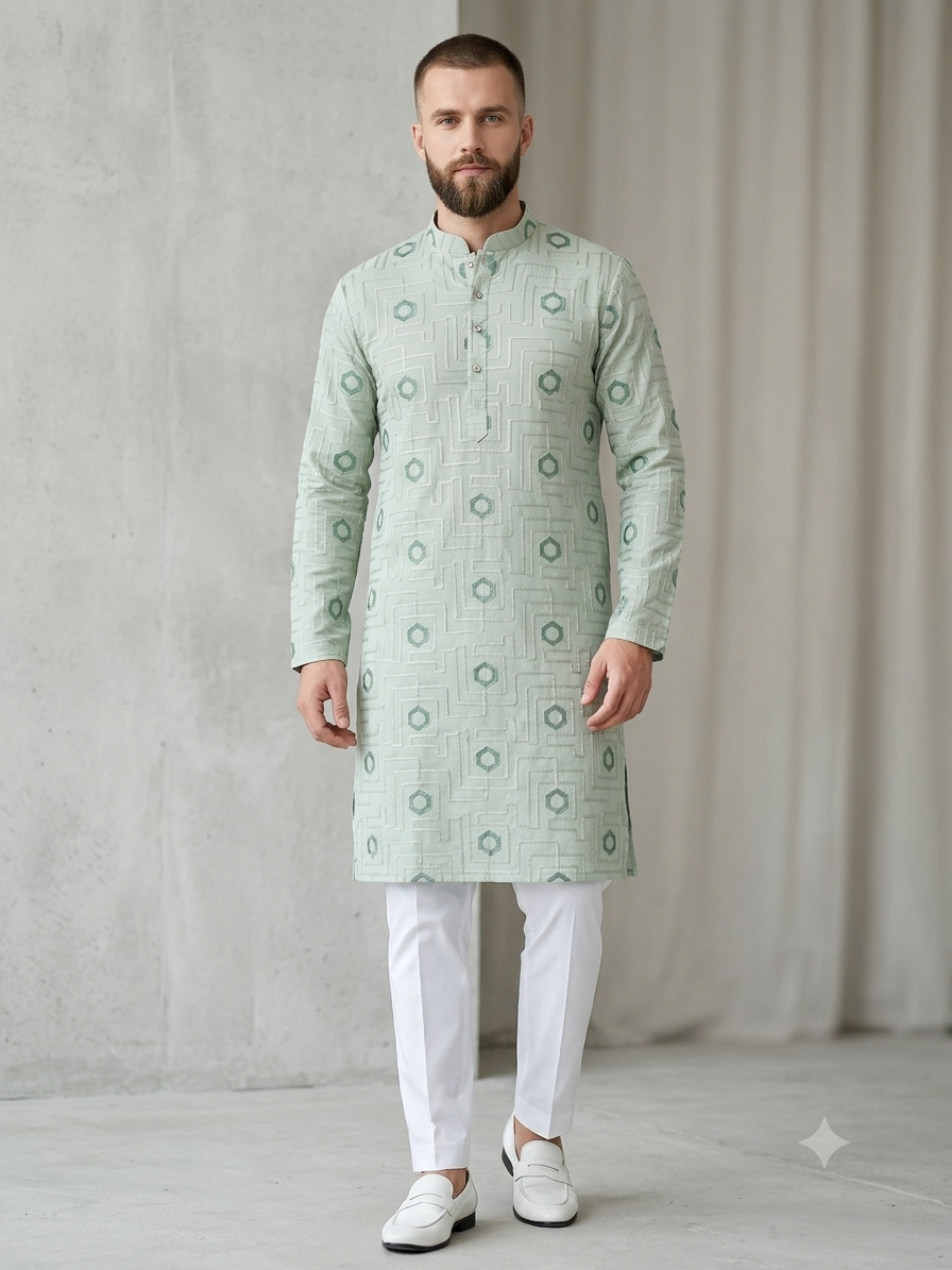 KPD4087 Sage Green Threadwork Plus Size Kurta Pyjama Set