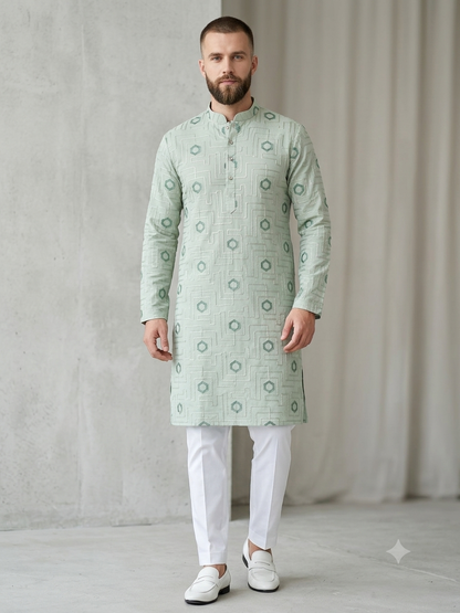 KPD4087 Sage Green Threadwork Plus Size Kurta Pyjama Set