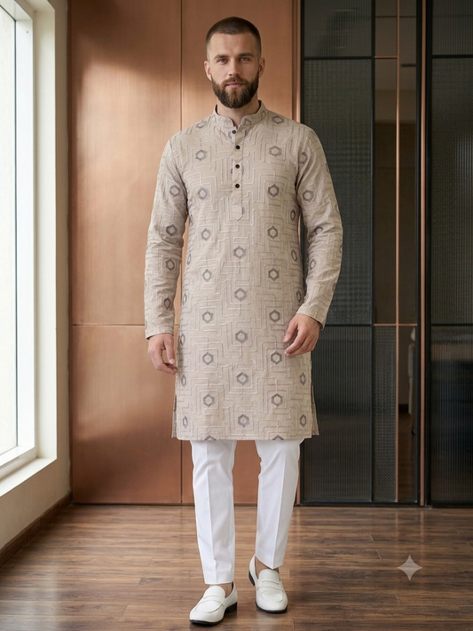 KPD4088 Light Khaki Threadwork Plus Size Kurta Pyjama Set