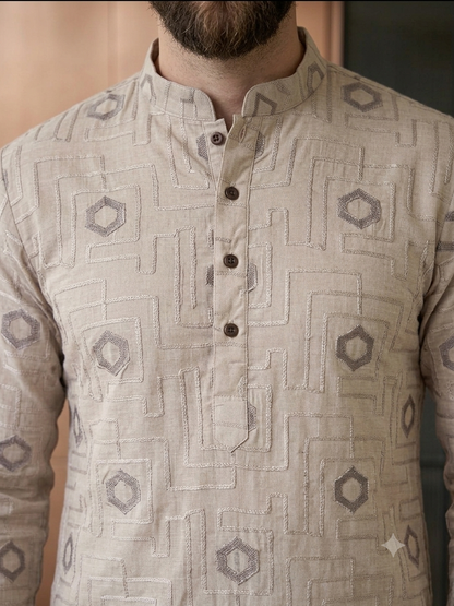 KPD6267 Light Khaki Threadwork Kurta Pyjama Set