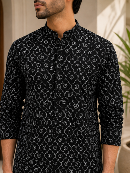 KPD6265 Black Threadwork with Sequins Kurta Pyjama Set