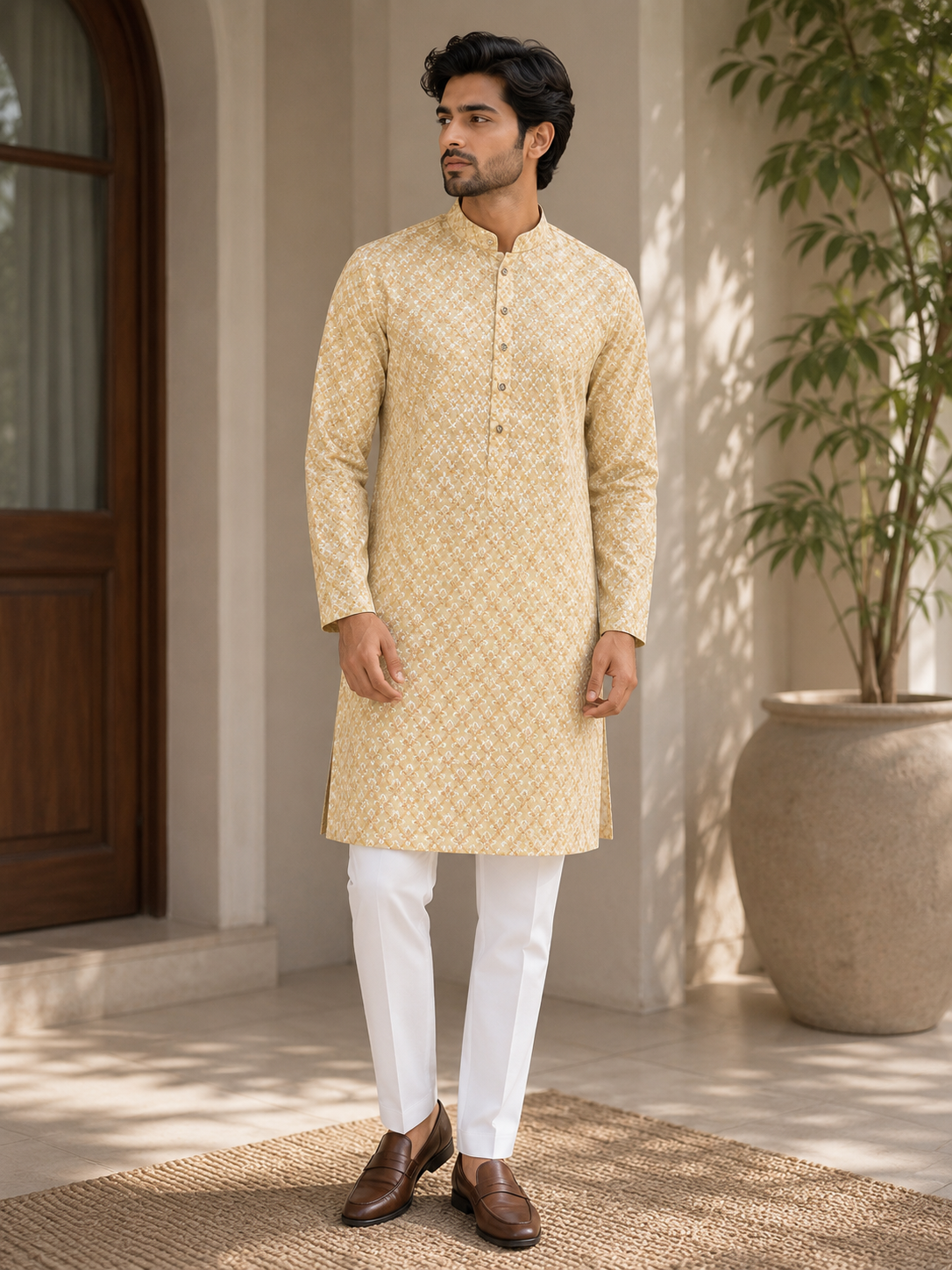 KPD6270 Soft Lemon Yellow Threadwork Kurta Pyjama Set