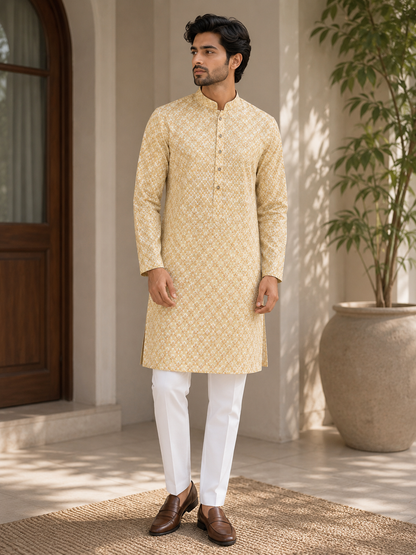 KPD6270 Soft Lemon Yellow Threadwork Kurta Pyjama Set