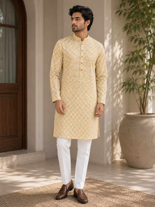 KPD6270 Soft Lemon Yellow Threadwork Kurta Pyjama Set