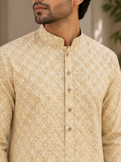 KPD6270 Soft Lemon Yellow Threadwork Kurta Pyjama Set