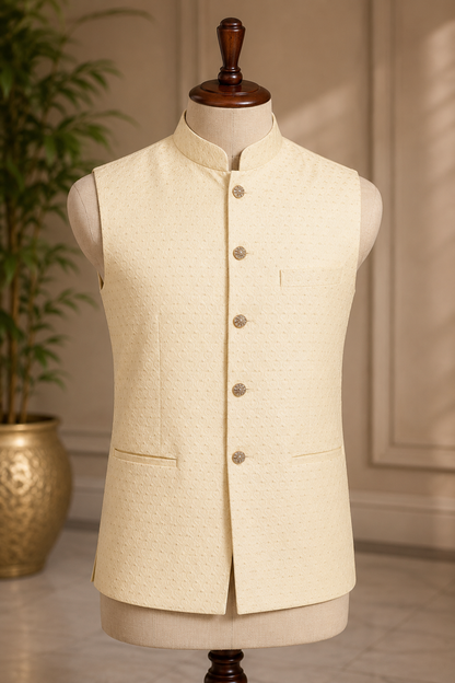 KPJ7119 Cream Jacquard Nehru Jacket