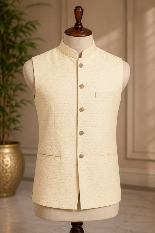 KPJ7119 Cream Jacquard Nehru Jacket