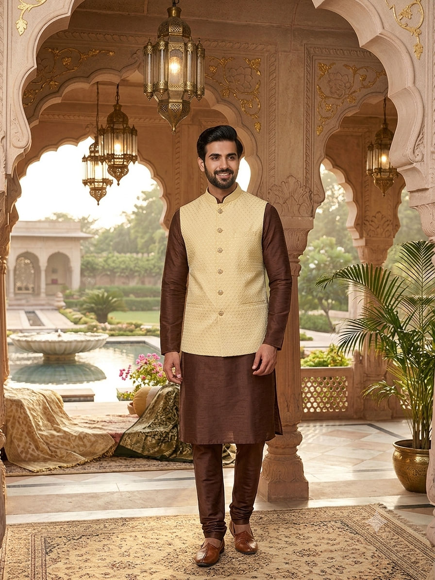 KPJ7119 Cream Jacquard Nehru Jacket