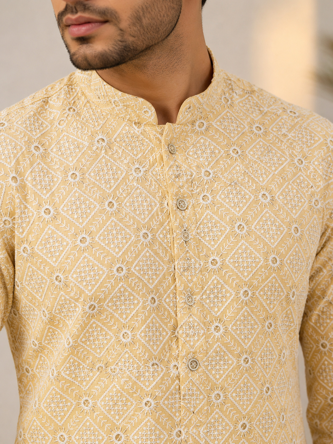 KPD6276 Beige Yellow Mirror Work Kurta