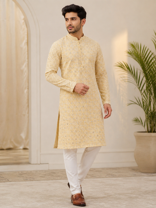 KPD6276 Beige Yellow Mirror Work Kurta
