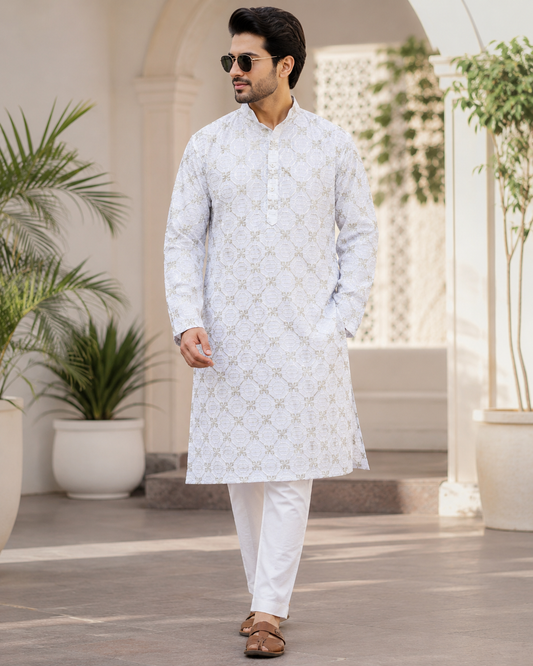 KPD6273 White Threadwork Kurta Pyjama Set