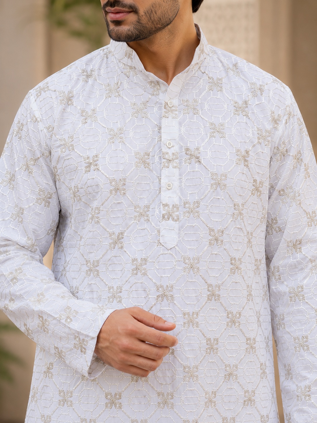 KPD6273 White Threadwork Kurta Pyjama Set