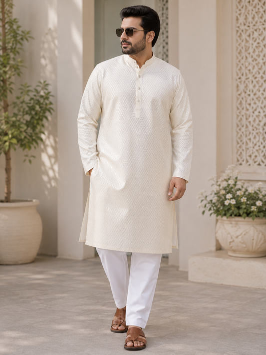 KPD4093 Plus Size Cream Jacquard Kurta Pyjama