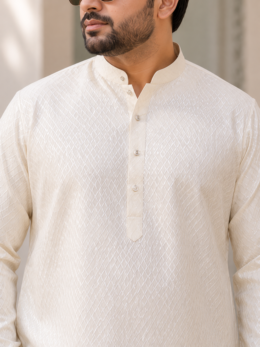 KPD4093 Plus Size Cream Jacquard Kurta Pyjama