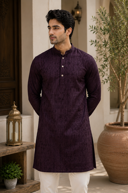 KPD6277 Dark Wine Threadwork Kurta Pyjama
