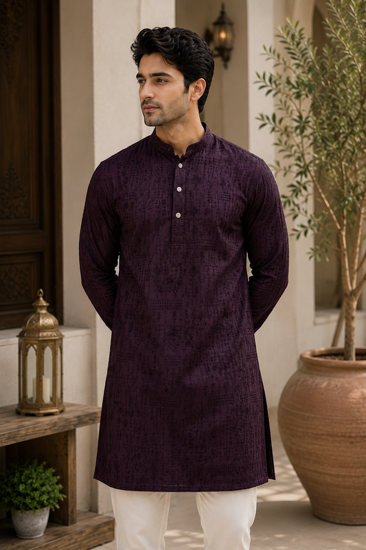 KPD6277 Dark Wine Threadwork Kurta Pyjama