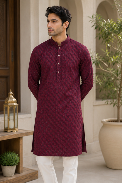 KPD6278 Deep Red Threadwork with Line Kurta Pyjama