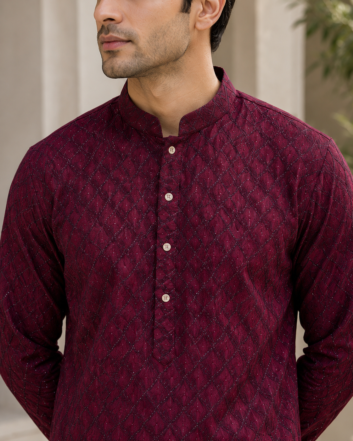 KPD6278 Deep Red Threadwork with Line Kurta Pyjama