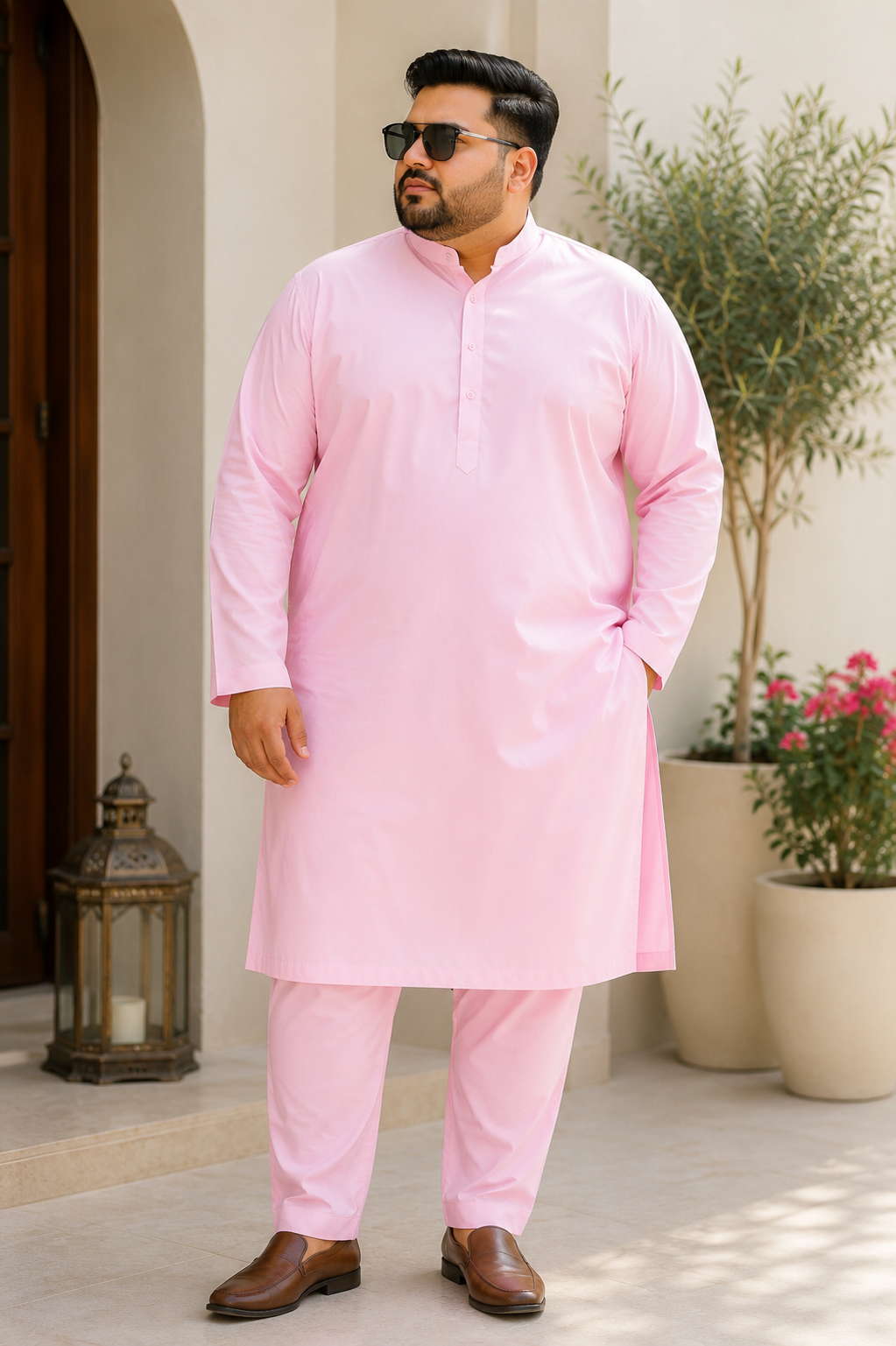 KPD4095 Plus Size Plain Pink Kurta with Matching Pyjama