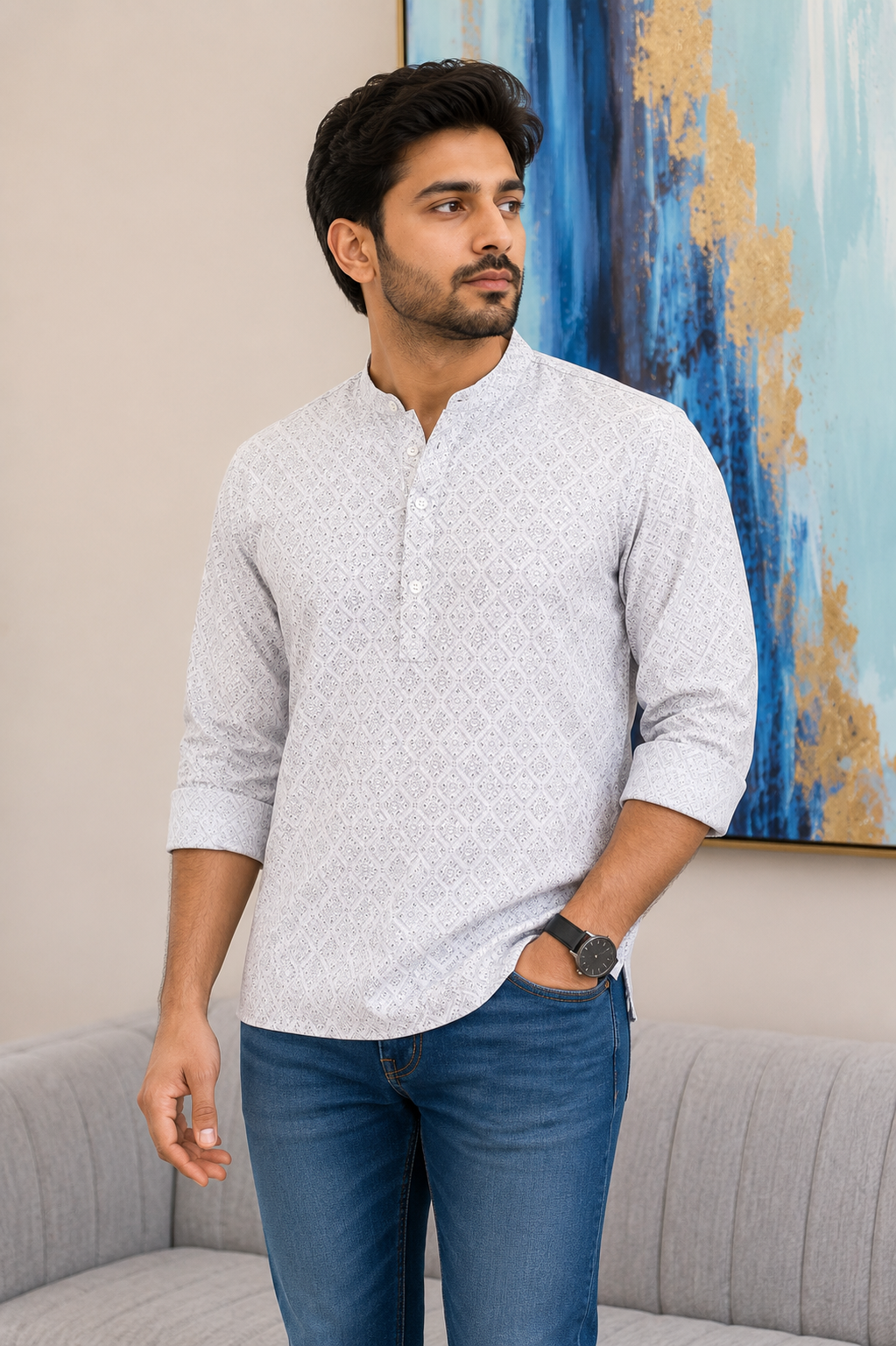 KPC1050 White Printed Design Kurta