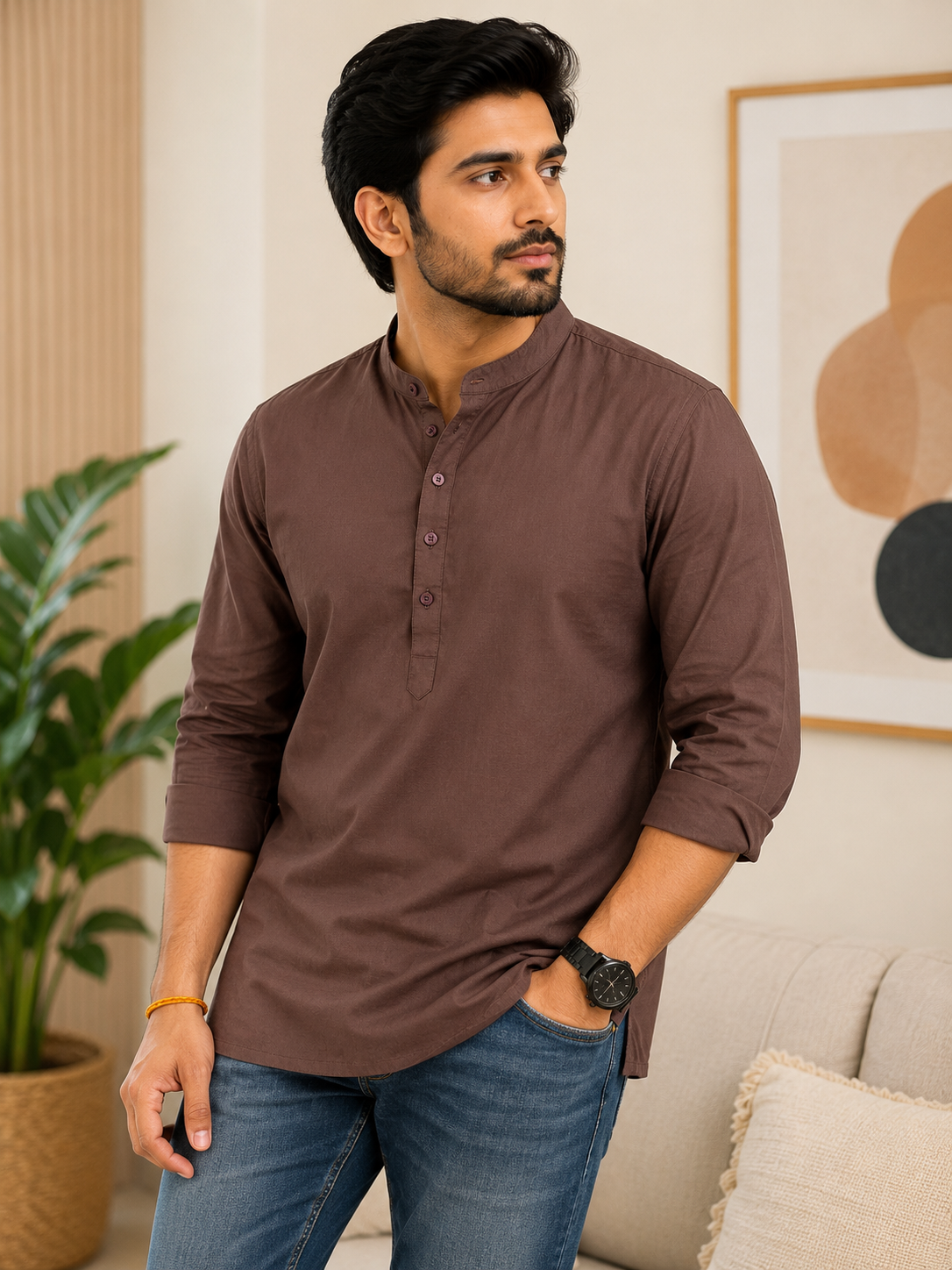KPC1047 Plain Brown Cotton Kurta