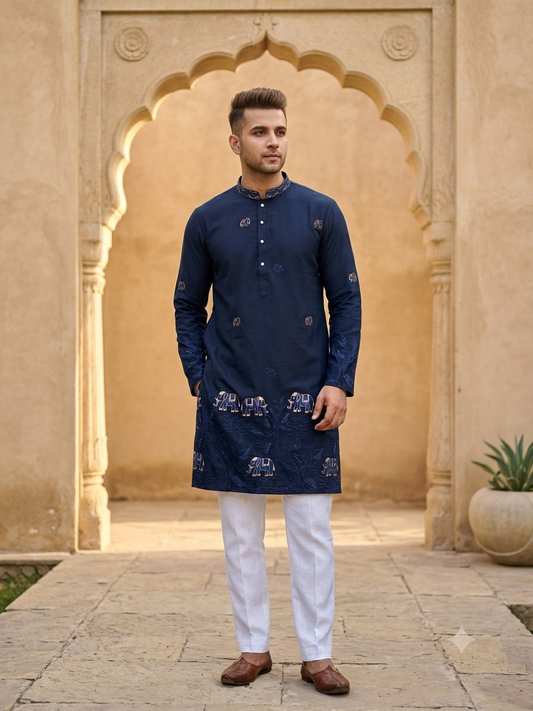 KPD6286 Midnight Blue Elephant Motif Kurta