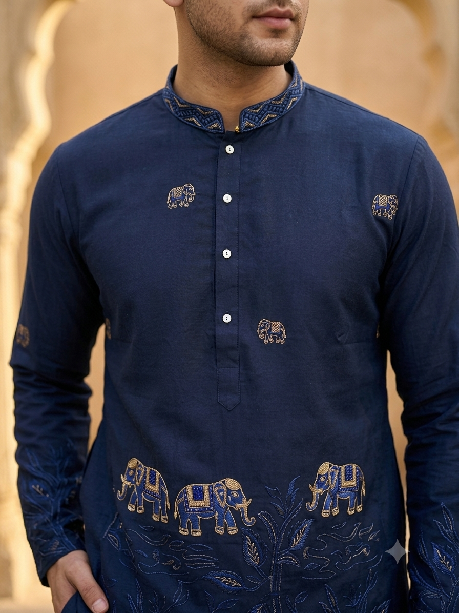 KPD6286 Midnight Blue Elephant Motif Kurta