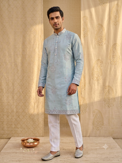 KPD6285 Silver Blue Silk Kurta Set